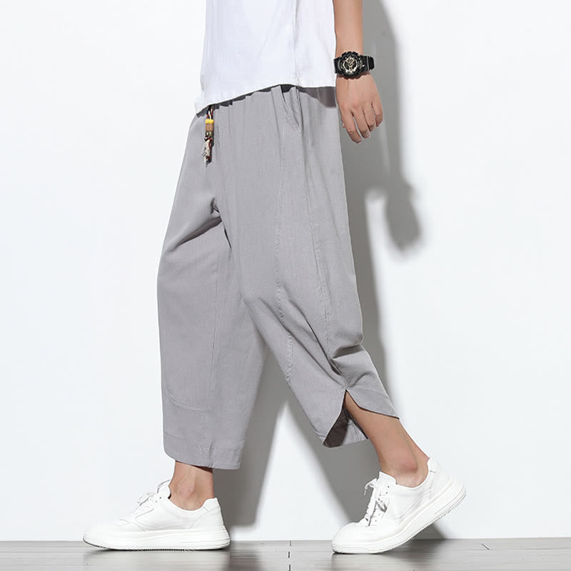 Pantaloni harem da uomo in lino con tasche, casual, estivi, con coulisse, lunghezza 7-8, Buddha Stones