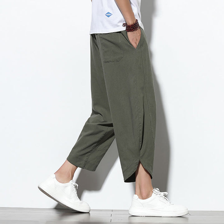 Pantaloni harem da uomo in lino con tasche, casual, estivi, con coulisse, lunghezza 7-8, Buddha Stones