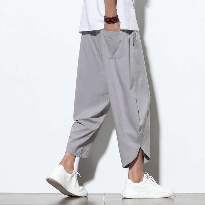 Pantaloni harem da uomo in lino con tasche, casual, estivi, con coulisse, lunghezza 7-8, Buddha Stones