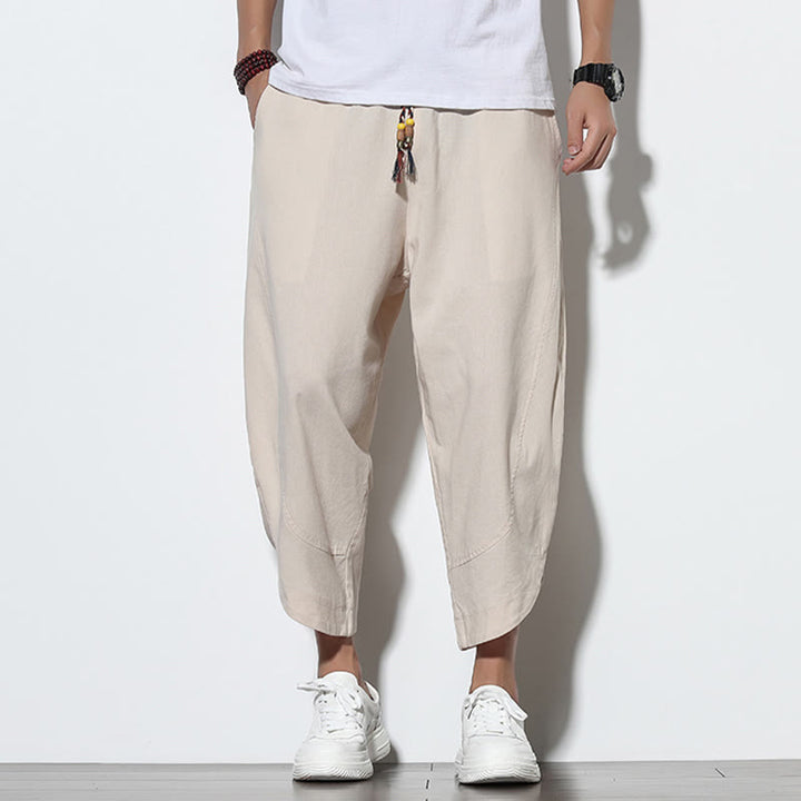 Pantaloni harem da uomo in lino con tasche, casual, estivi, con coulisse, lunghezza 7-8, Buddha Stones