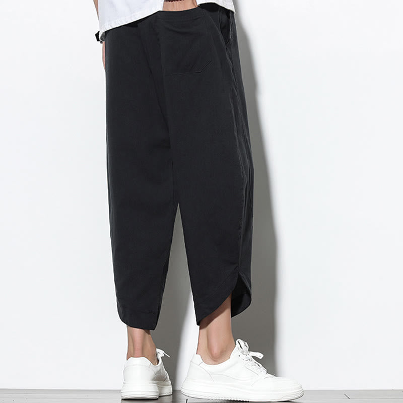 Pantaloni harem da uomo in lino con tasche, casual, estivi, con coulisse, lunghezza 7-8, Buddha Stones