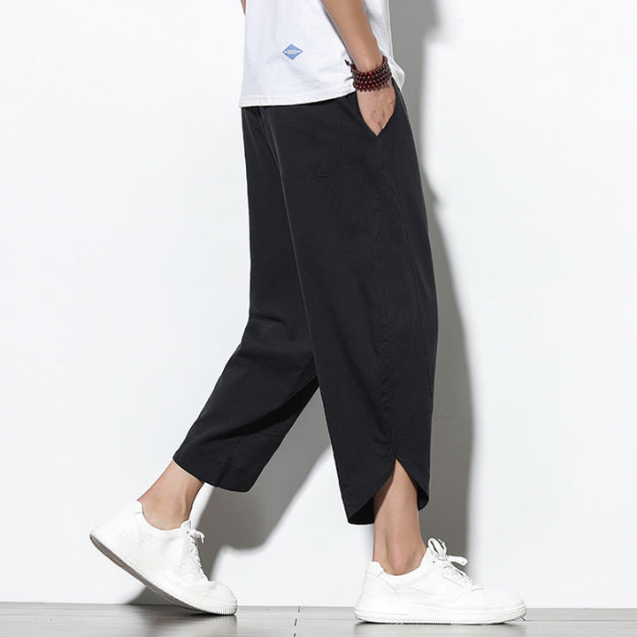 Pantaloni harem da uomo in lino con tasche, casual, estivi, con coulisse, lunghezza 7-8, Buddha Stones