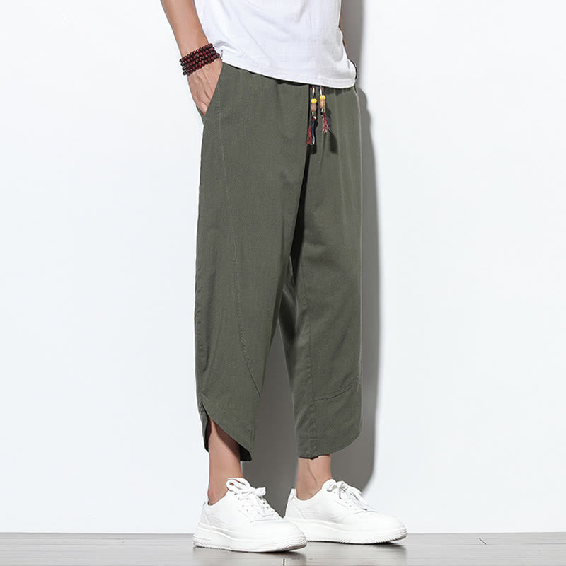 Pantaloni harem da uomo in lino con tasche, casual, estivi, con coulisse, lunghezza 7-8, Buddha Stones