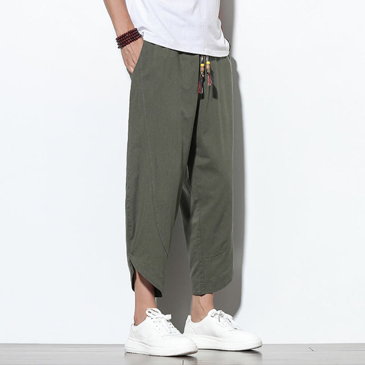 Pantaloni harem da uomo in lino con tasche, casual, estivi, con coulisse, lunghezza 7-8, Buddha Stones