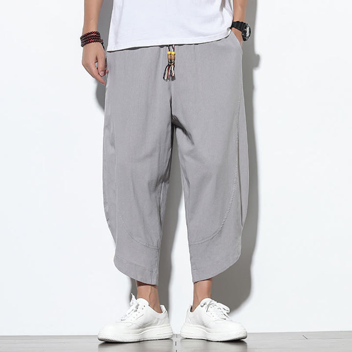 Pantaloni harem da uomo in lino con tasche, casual, estivi, con coulisse, lunghezza 7-8, Buddha Stones