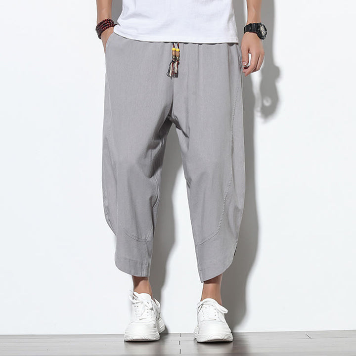 Pantaloni harem da uomo in lino con tasche, casual, estivi, con coulisse, lunghezza 7-8, Buddha Stones