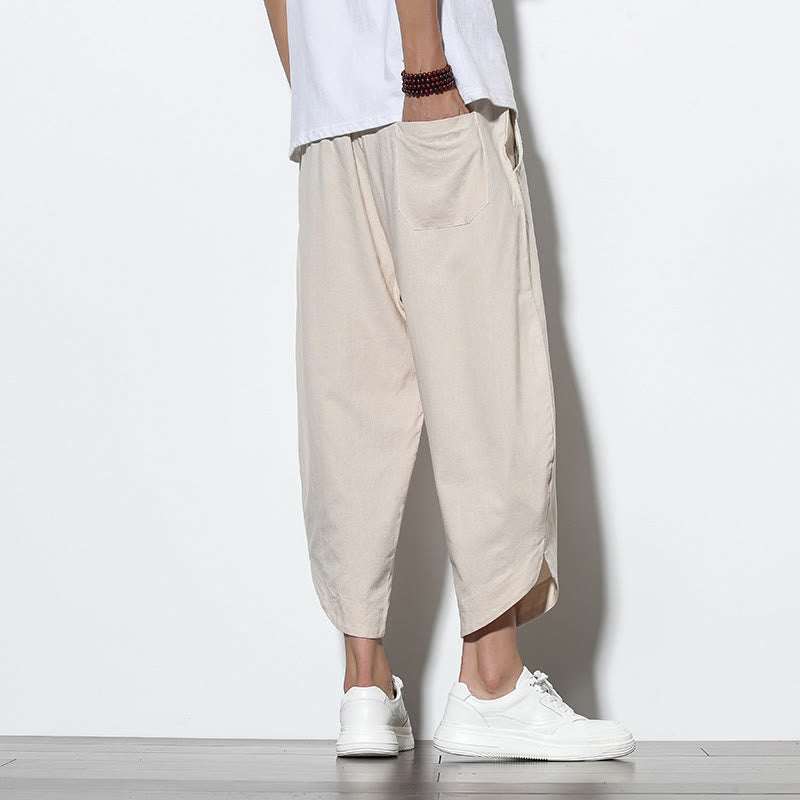Pantaloni harem da uomo in lino con tasche, casual, estivi, con coulisse, lunghezza 7-8, Buddha Stones