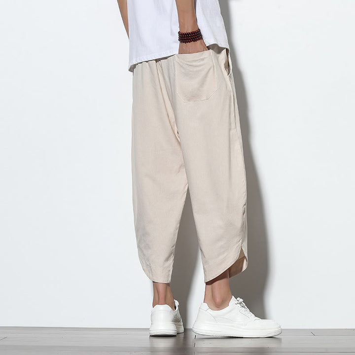 Pantaloni harem da uomo in lino con tasche, casual, estivi, con coulisse, lunghezza 7-8, Buddha Stones