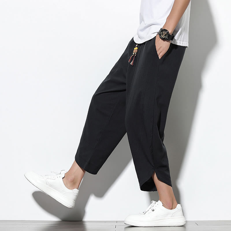 Pantaloni harem da uomo in lino con tasche, casual, estivi, con coulisse, lunghezza 7-8, Buddha Stones