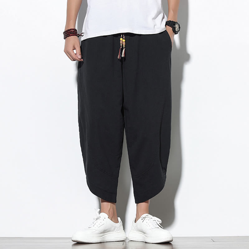 Pantaloni harem da uomo in lino con tasche, casual, estivi, con coulisse, lunghezza 7-8, Buddha Stones