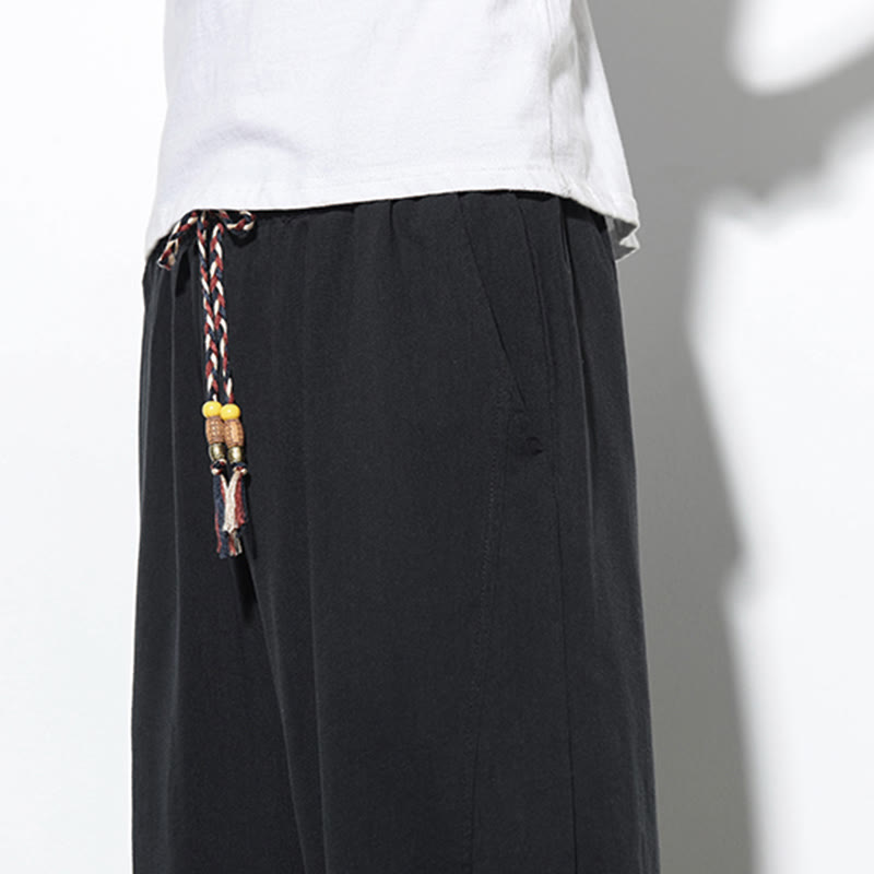 Pantaloni harem da uomo in lino con tasche, casual, estivi, con coulisse, lunghezza 7-8, Buddha Stones