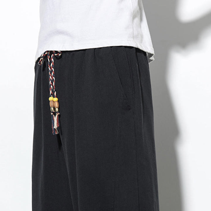 Pantaloni harem da uomo in lino con tasche, casual, estivi, con coulisse, lunghezza 7-8, Buddha Stones