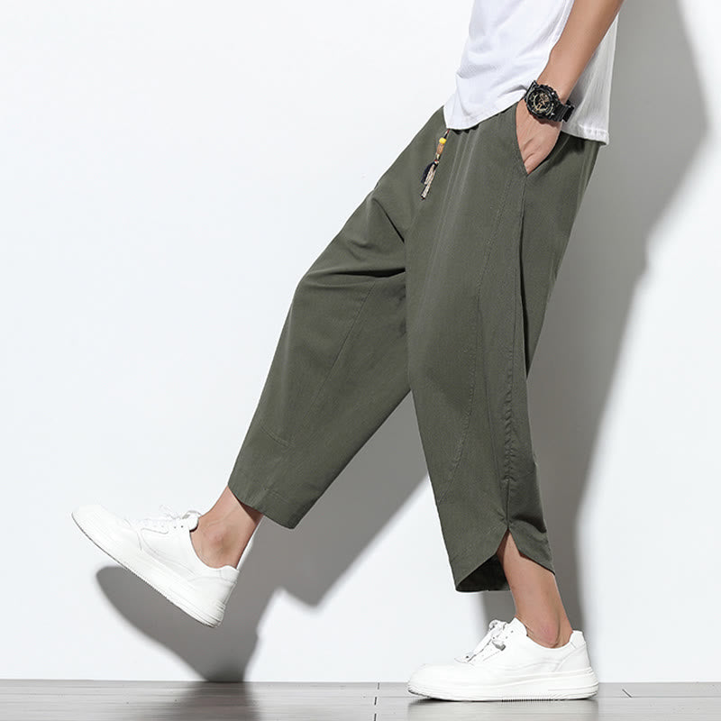 Pantaloni harem da uomo in lino con tasche, casual, estivi, con coulisse, lunghezza 7-8, Buddha Stones