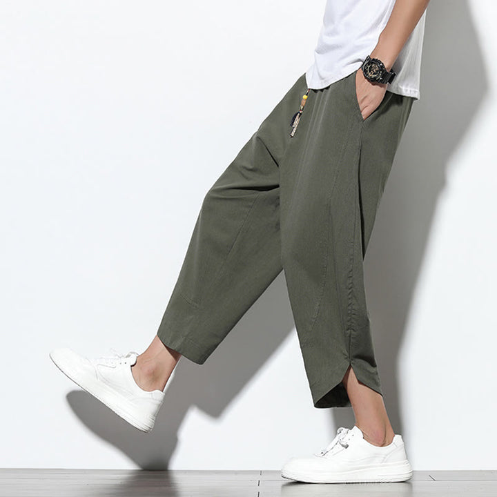 Pantaloni harem da uomo in lino con tasche, casual, estivi, con coulisse, lunghezza 7-8, Buddha Stones