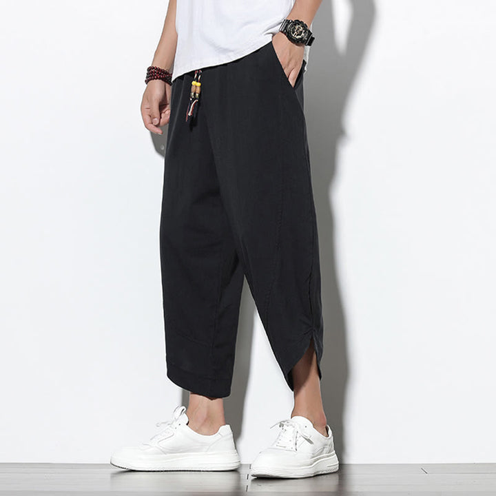 Pantaloni harem da uomo in lino con tasche, casual, estivi, con coulisse, lunghezza 7-8, Buddha Stones