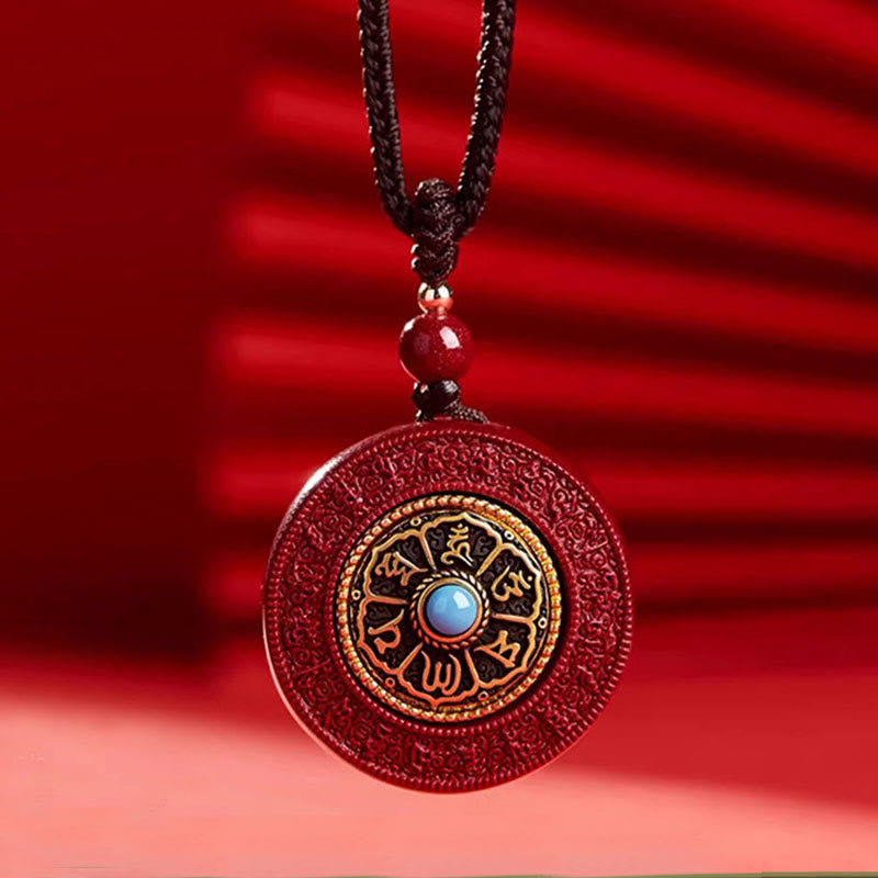 Collana con ciondolo a corda con motivo Yin Yang e scrittura girevole in cinabro naturale Om Mani Padme Hum, Buddha Stones.