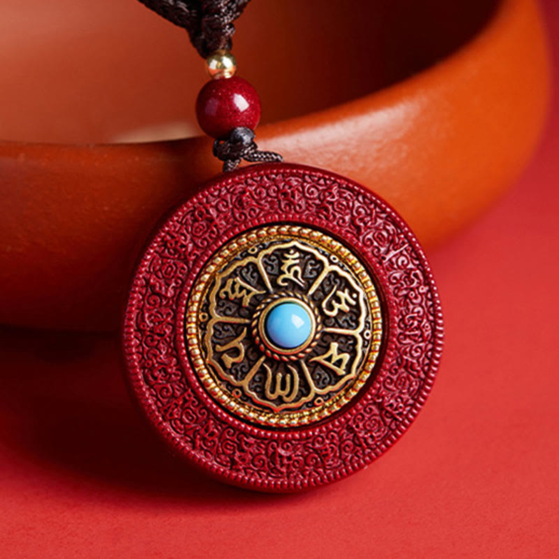 Collana con ciondolo a corda con motivo Yin Yang e scrittura girevole in cinabro naturale Om Mani Padme Hum, Buddha Stones. - Cinabro - image 0