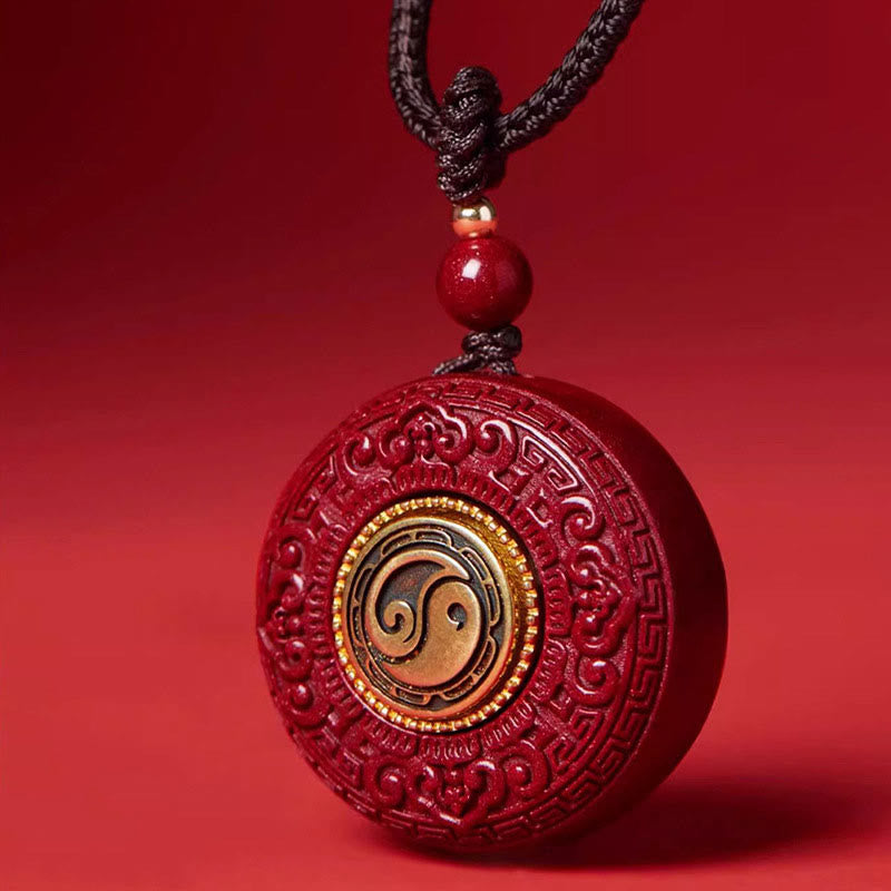 Collana con ciondolo a corda con motivo Yin Yang e scrittura girevole in cinabro naturale Om Mani Padme Hum, Buddha Stones. - image 3