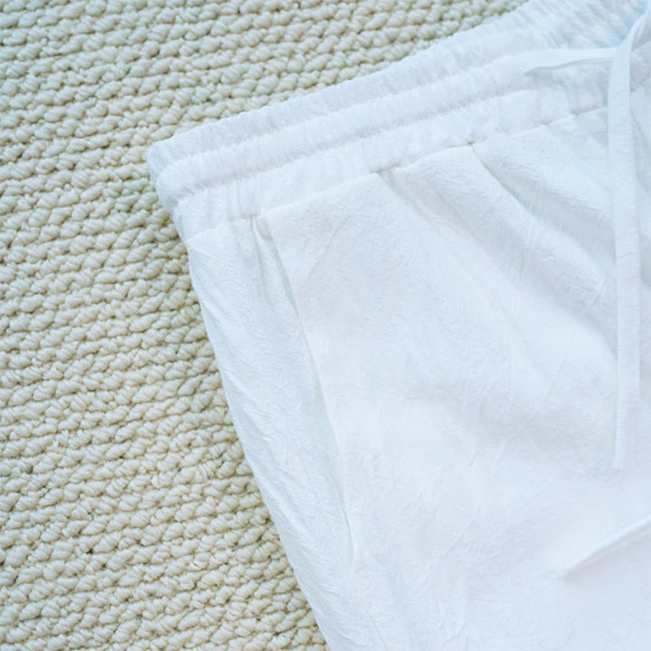 Pantaloni da donna in lino di cotone con tasche, motivo patchwork floreale bianco semplice, estate, quotidiano, Buddha Stones
