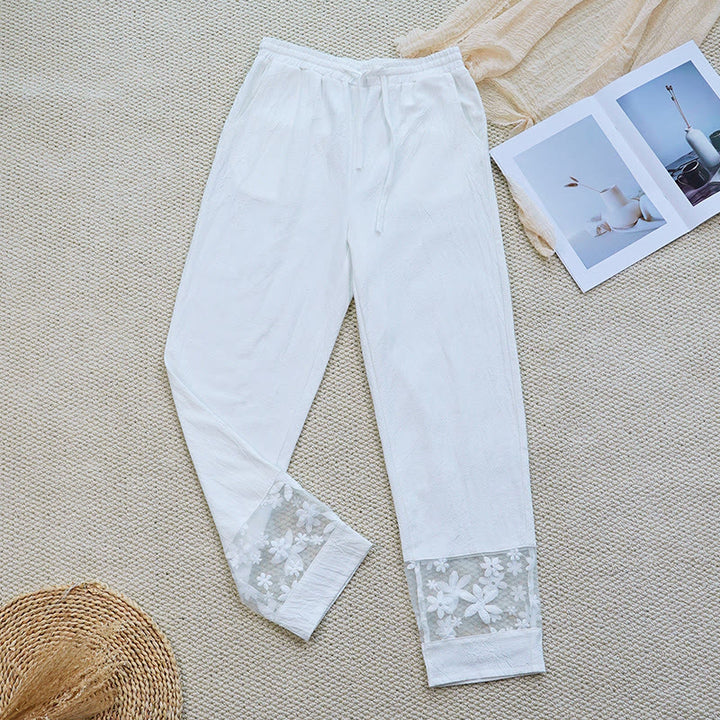 Pantaloni da donna in lino di cotone con tasche, motivo patchwork floreale bianco semplice, estate, quotidiano, Buddha Stones