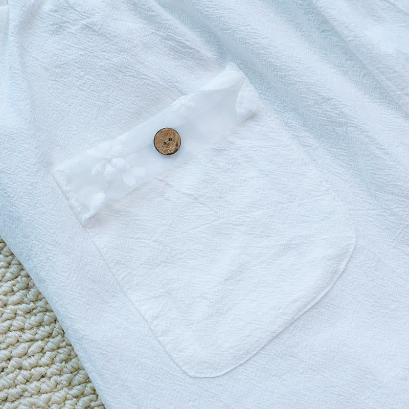 Pantaloni da donna in lino di cotone con tasche, motivo patchwork floreale bianco semplice, estate, quotidiano, Buddha Stones
