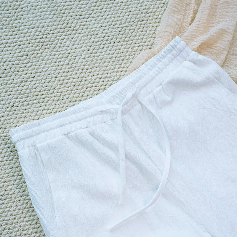 Pantaloni da donna in lino di cotone con tasche, motivo patchwork floreale bianco semplice, estate, quotidiano, Buddha Stones