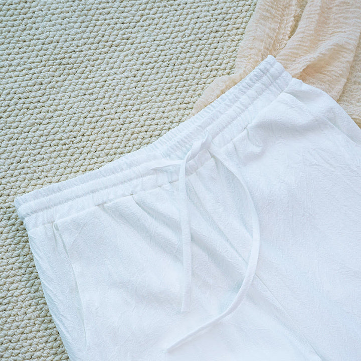 Pantaloni da donna in lino di cotone con tasche, motivo patchwork floreale bianco semplice, estate, quotidiano, Buddha Stones