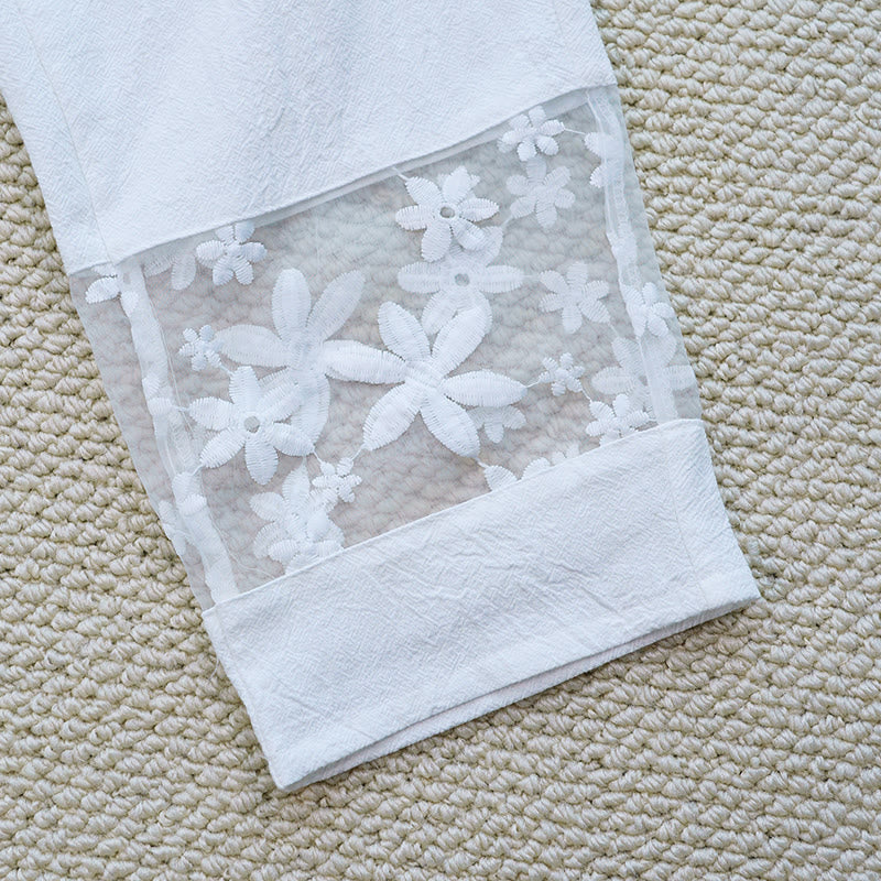 Pantaloni da donna in lino di cotone con tasche, motivo patchwork floreale bianco semplice, estate, quotidiano, Buddha Stones