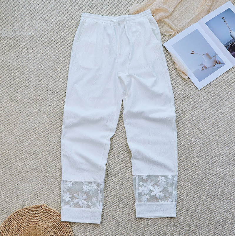 Pantaloni da donna in lino di cotone con tasche, motivo patchwork floreale bianco semplice, estate, quotidiano, Buddha Stones