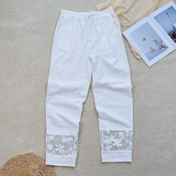 Pantaloni da donna in lino di cotone con tasche, motivo patchwork floreale bianco semplice, estate, quotidiano, Buddha Stones