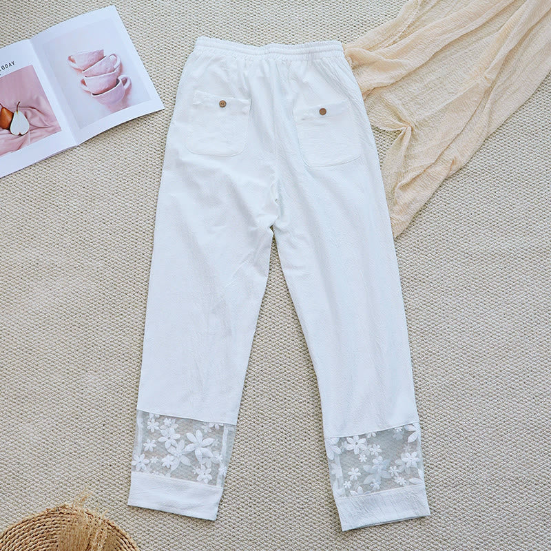Pantaloni da donna in lino di cotone con tasche, motivo patchwork floreale bianco semplice, estate, quotidiano, Buddha Stones