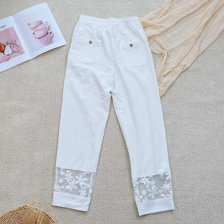 Pantaloni da donna in lino di cotone con tasche, motivo patchwork floreale bianco semplice, estate, quotidiano, Buddha Stones