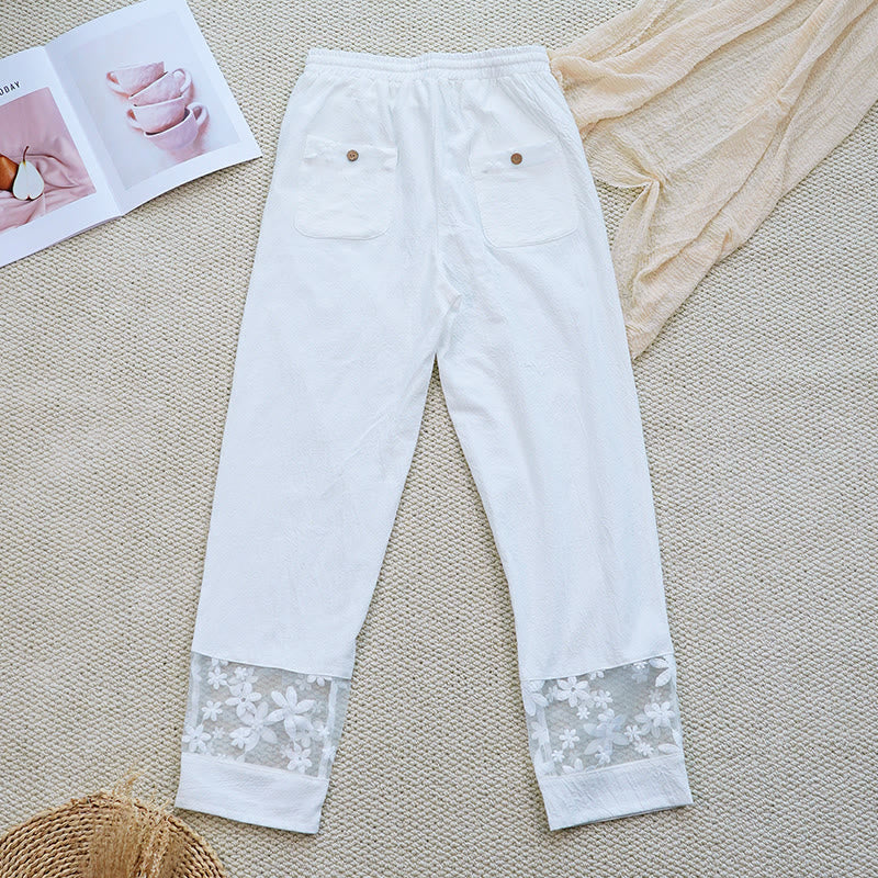 Pantaloni da donna in lino di cotone con tasche, motivo patchwork floreale bianco semplice, estate, quotidiano, Buddha Stones