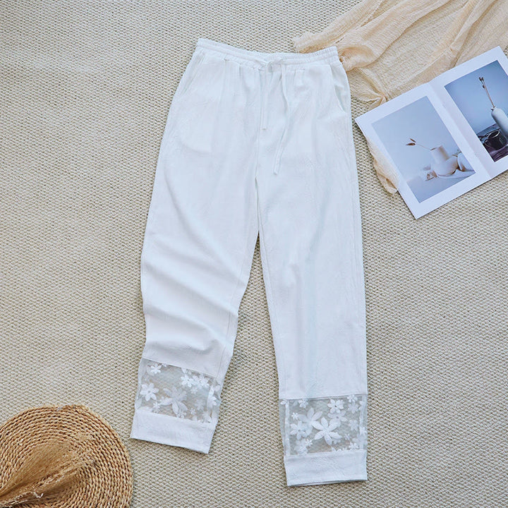 Pantaloni da donna in lino di cotone con tasche, motivo patchwork floreale bianco semplice, estate, quotidiano, Buddha Stones