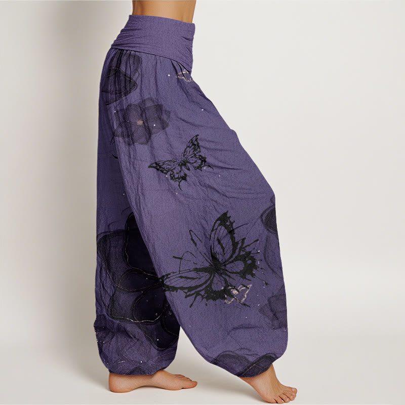 Pantaloni harem da donna con elastico in vita, motivo a fiori e farfalle in cotone con Buddha Stones - image 2