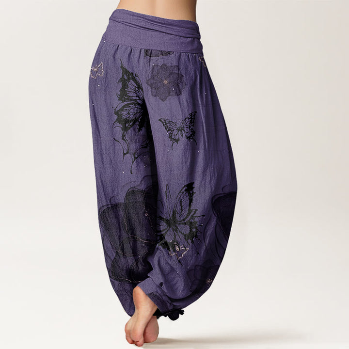Pantaloni harem da donna con elastico in vita, motivo a fiori e farfalle in cotone con Buddha Stones - image 1