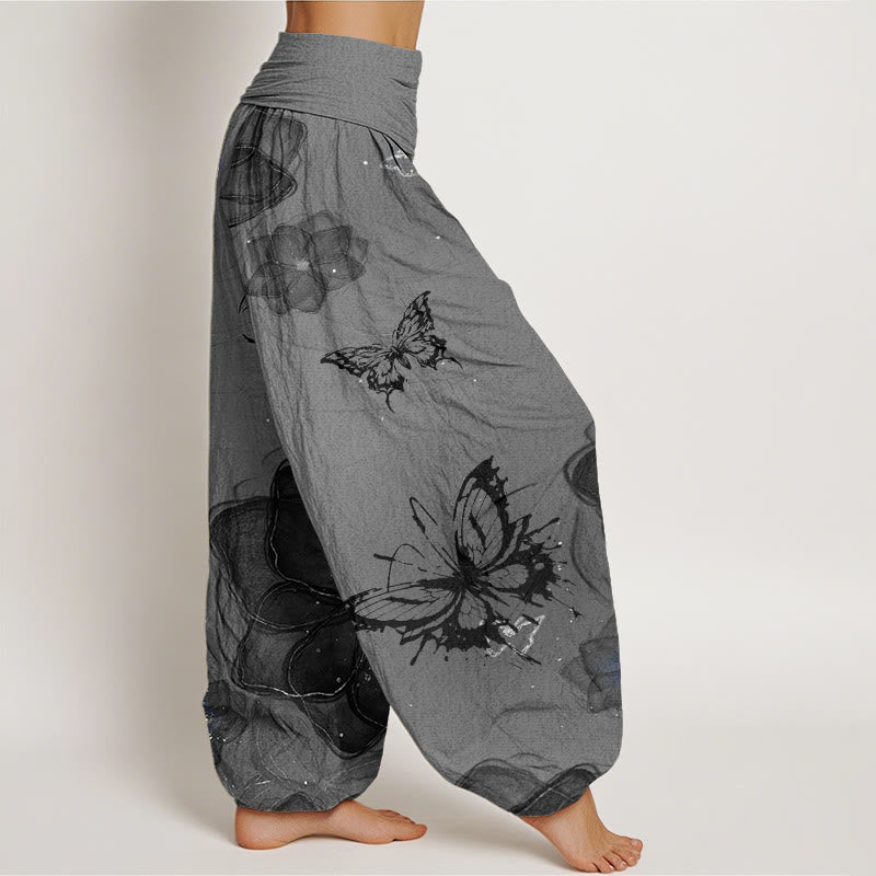 Pantaloni harem da donna con elastico in vita, motivo a fiori e farfalle in cotone con Buddha Stones - image 6