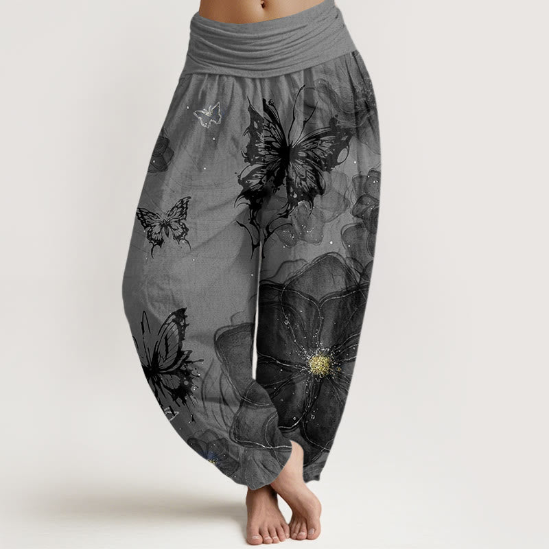 Pantaloni harem da donna con elastico in vita, motivo a fiori e farfalle in cotone con Buddha Stones - Grigio - US22, UK/AU26, EU54 (6XL) - image 4