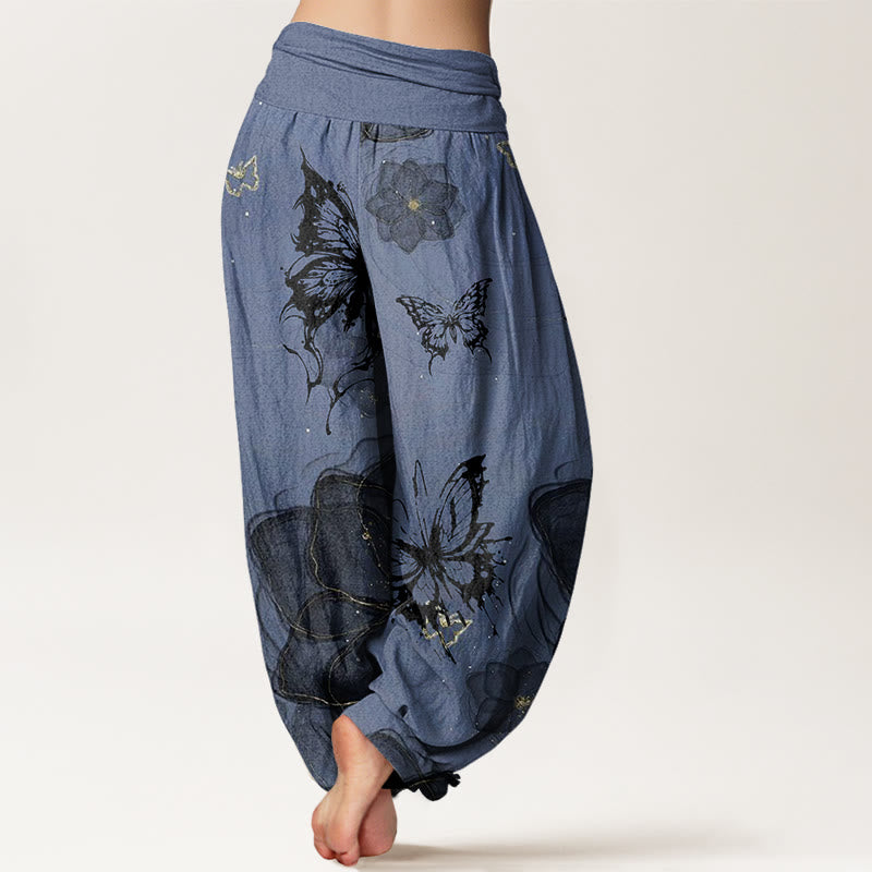 Pantaloni harem da donna con elastico in vita, motivo a fiori e farfalle in cotone con Buddha Stones - image 8