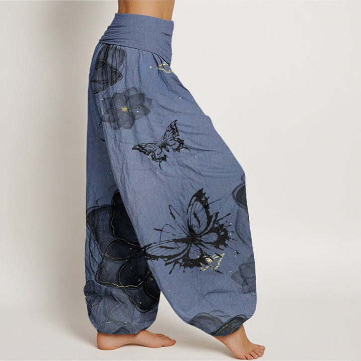Pantaloni harem da donna con elastico in vita, motivo a fiori e farfalle in cotone con Buddha Stones - image 9