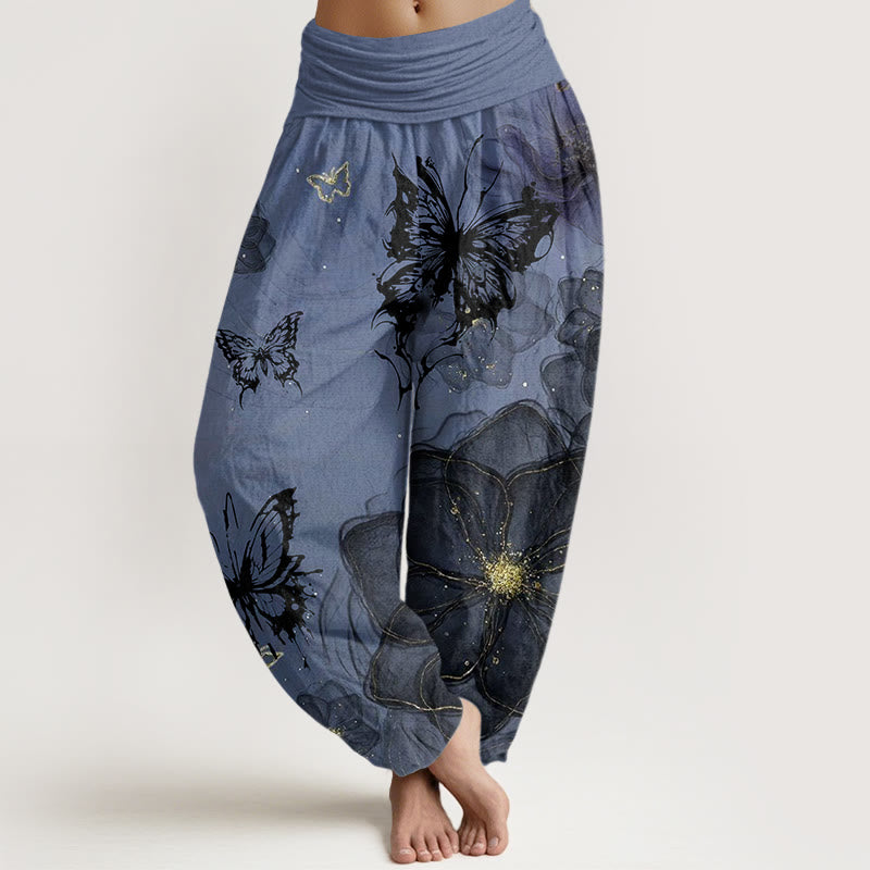 Pantaloni harem da donna con elastico in vita, motivo a fiori e farfalle in cotone con Buddha Stones - Blu fiordaliso - US22, UK/AU26, EU54 (6XL) - image 7