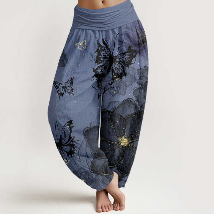 Pantaloni harem da donna con elastico in vita, motivo a fiori e farfalle in cotone con Buddha Stones - FiordalisoBlu - US22, UK/AU26, EU54 (6XL) - image 7