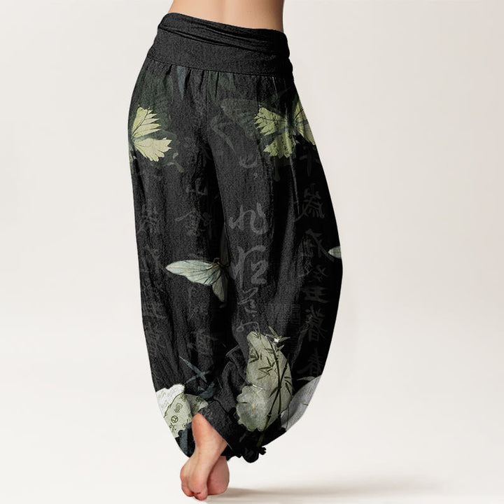 Pantaloni harem da donna con elastico in vita, motivo a farfalle , Buddha Stones , foglie di bambù e caratteri cinesi - image 1