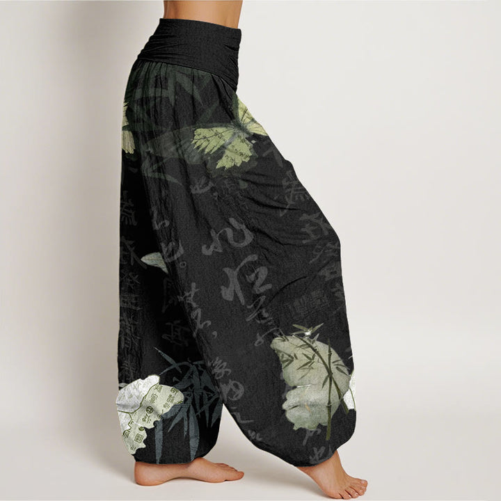 Pantaloni harem da donna con elastico in vita, motivo a farfalle , Buddha Stones , foglie di bambù e caratteri cinesi - image 3