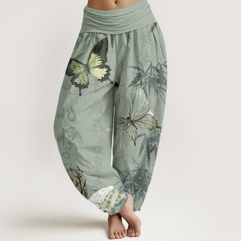 Pantaloni harem da donna con elastico in vita, motivo a farfalle , Buddha Stones , foglie di bambù e caratteri cinesi - DarkSeaGreen - US22, UK/AU26, EU54 (6XL) - image 5