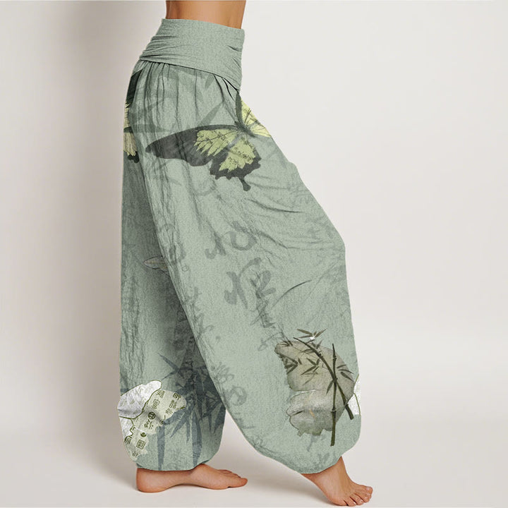 Pantaloni harem da donna con elastico in vita, motivo a farfalle , Buddha Stones , foglie di bambù e caratteri cinesi - image 7