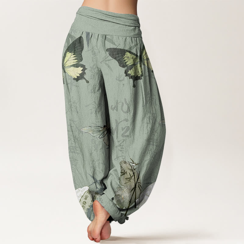 Pantaloni harem da donna con elastico in vita, motivo a farfalle , Buddha Stones , foglie di bambù e caratteri cinesi - image 6
