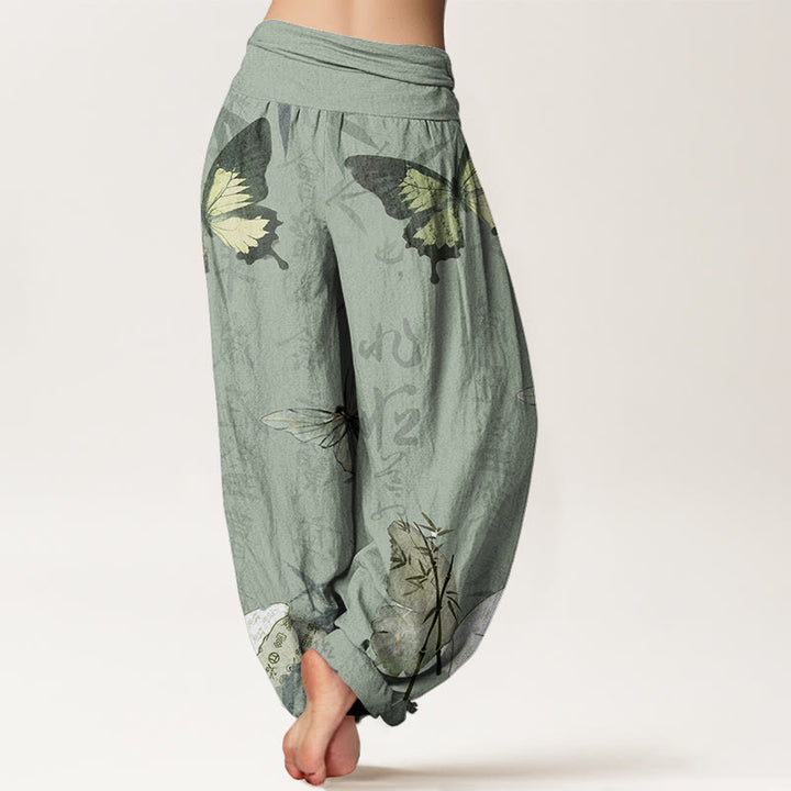 Pantaloni harem da donna con elastico in vita, motivo a farfalle , Buddha Stones , foglie di bambù e caratteri cinesi - image 6