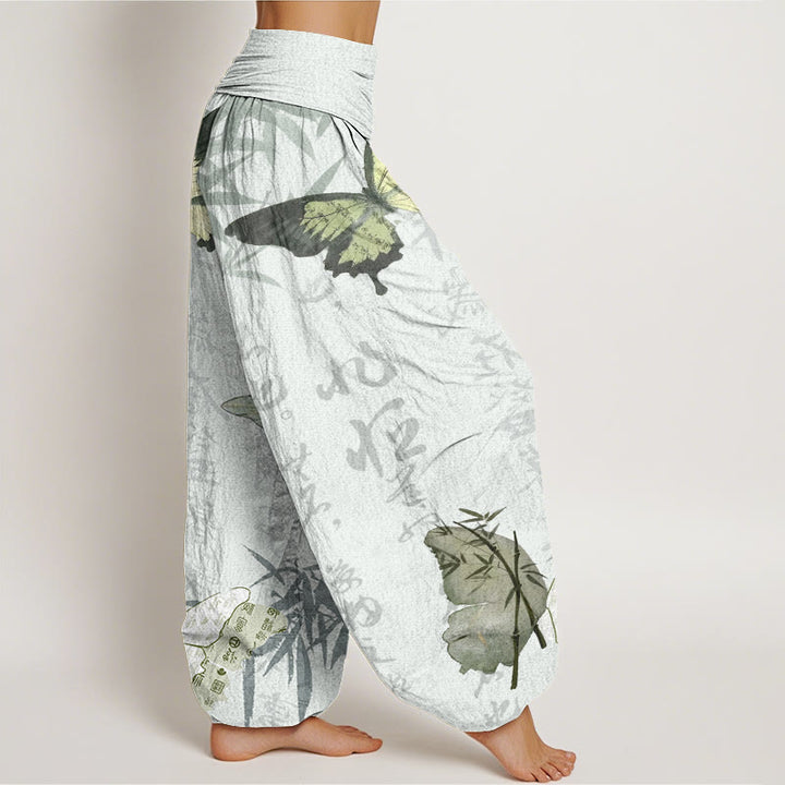 Pantaloni harem da donna con elastico in vita, motivo a farfalle , Buddha Stones , foglie di bambù e caratteri cinesi - image 9