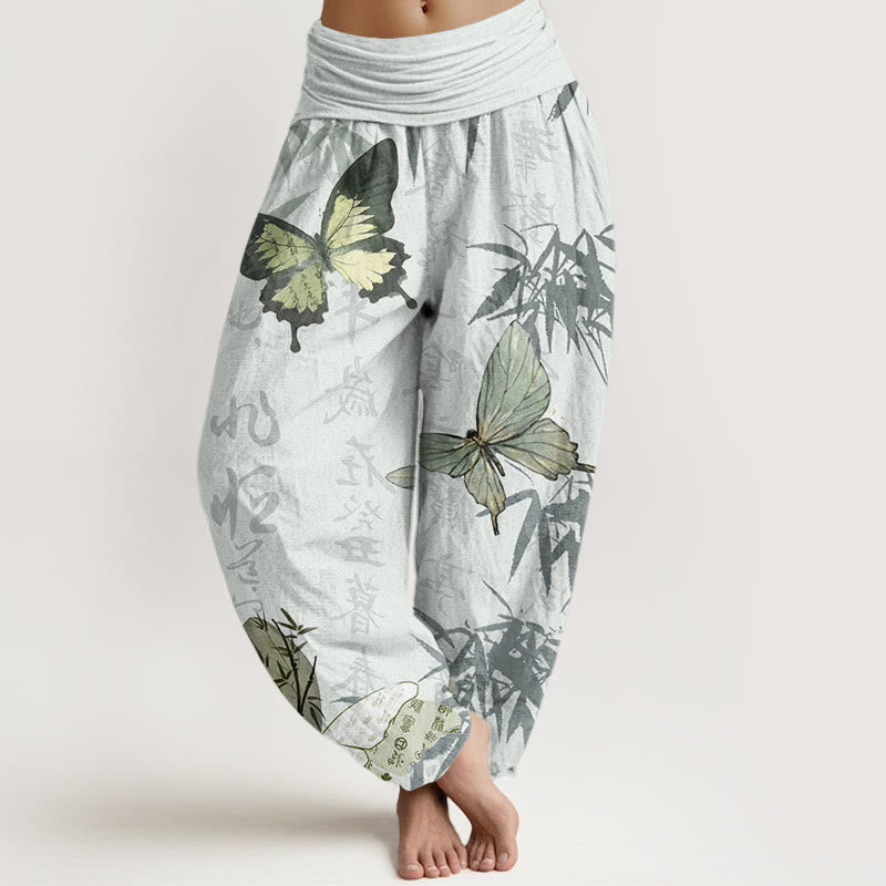 Pantaloni harem da donna con elastico in vita, motivo a farfalle , Buddha Stones , foglie di bambù e caratteri cinesi - Melata - US22, UK/AU26, EU54 (6XL) - image 8